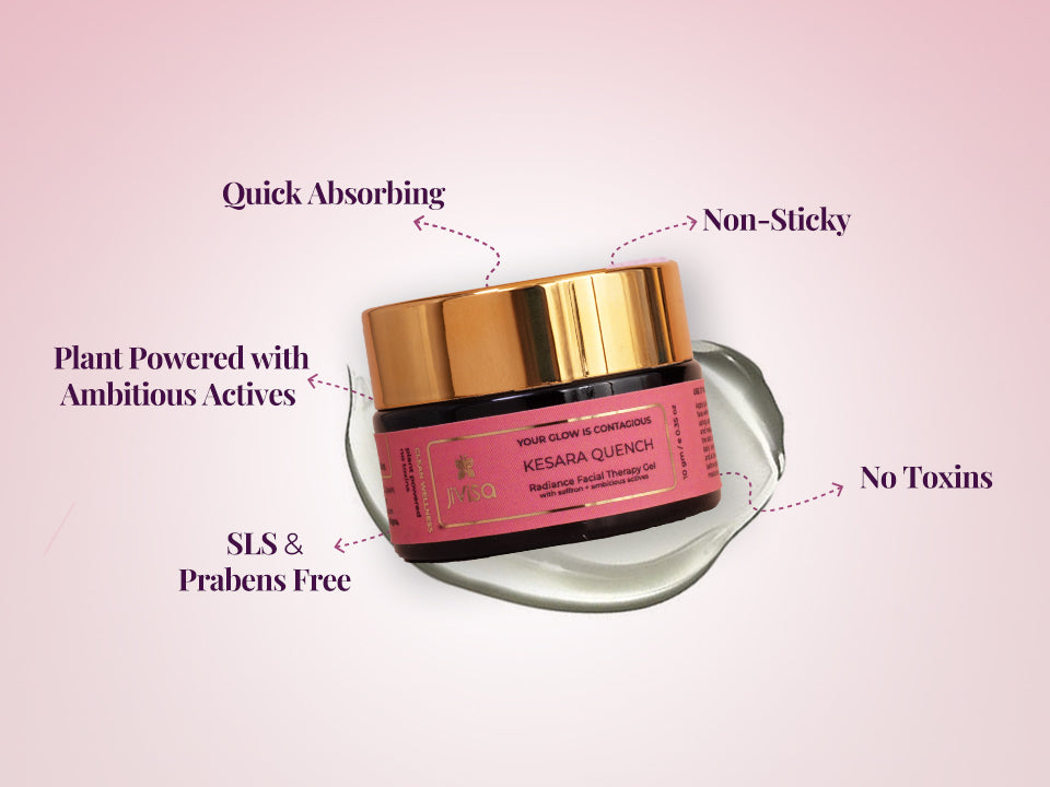 Kesara Quench gel jar with callouts for quick absorbing, non-sticky, plant powered, and toxin-free.