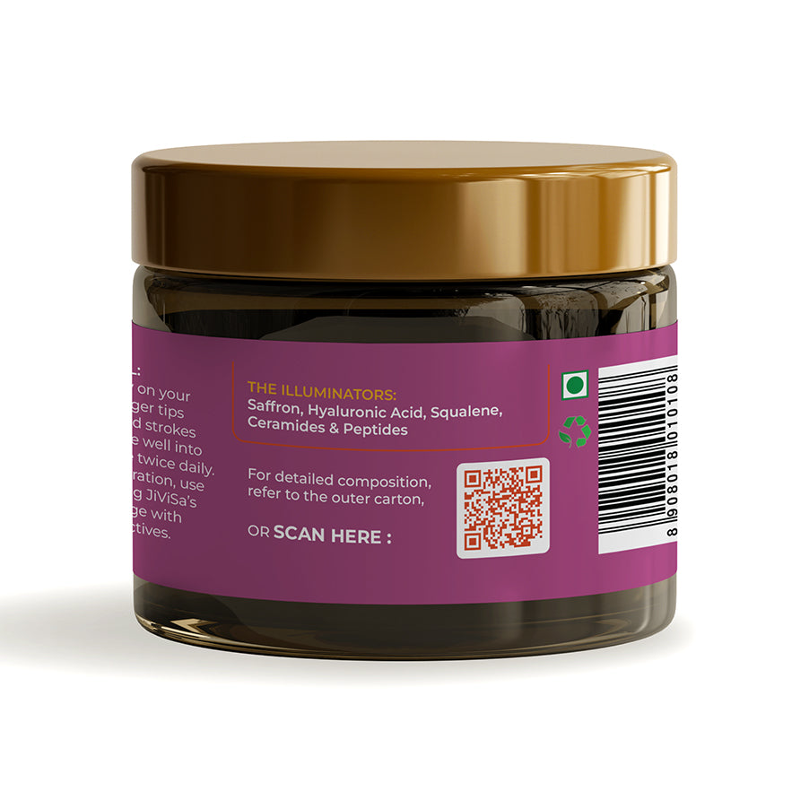 Back view of JiViSa's Kesara Illume Velvet Facial Cream, 50gm jar, showing ingredients including saffron, hyaluronic acid, squalene, ceramides, and peptides, with a QR code for detailed composition.