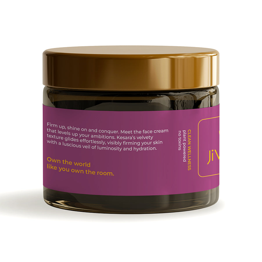 Back view of JiViSa's Kesara Illume Velvet Facial Cream, 50gm jar, featuring a description highlighting its firming and hydrating benefits, and the tagline 'Own the world like you own the room'.