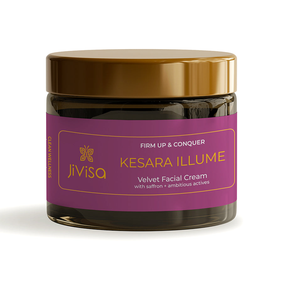 Front view of JiViSa's Kesara Illume Velvet Facial Cream, 50gm jar, featuring a purple label with the product name and the tagline 'Firm Up & Conquer', and key ingredients like saffron and ambitious actives.