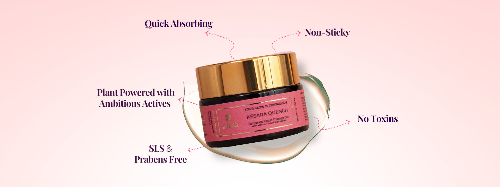 Kesara Quench gel jar with callouts for quick absorbing, non-sticky, plant powered, and toxin-free.