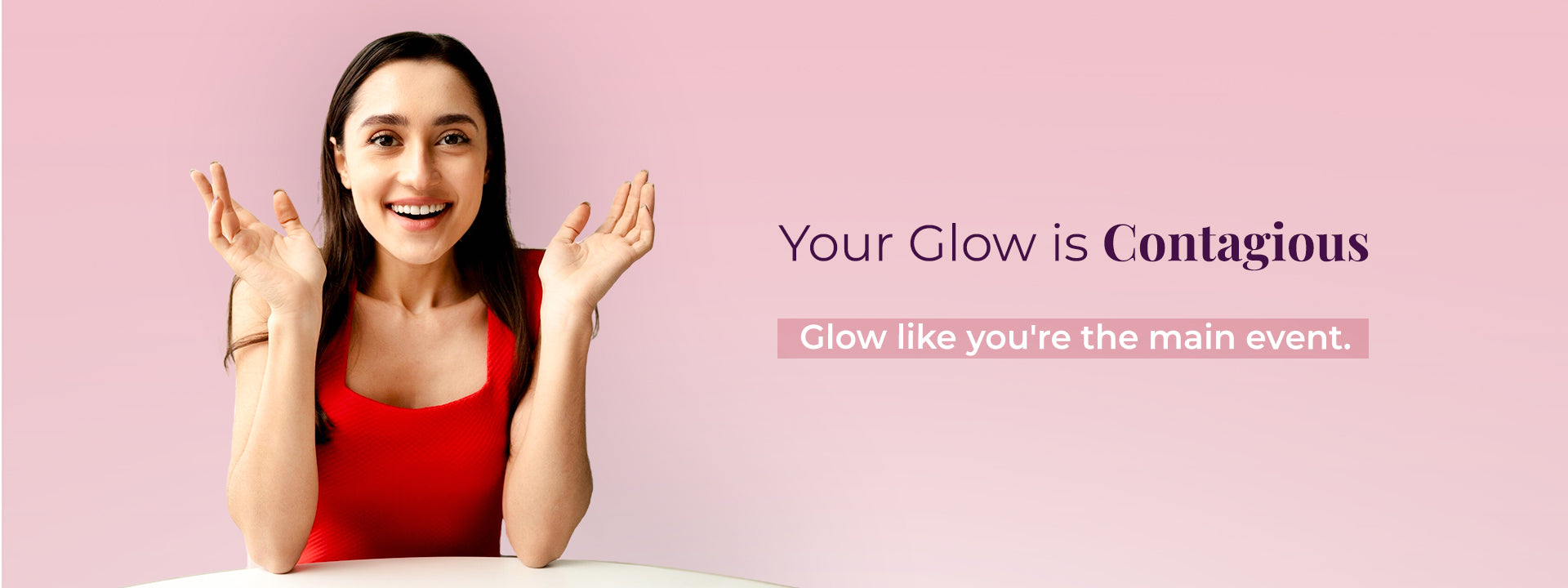 Smiling woman on pink background with text about glow and confidence.