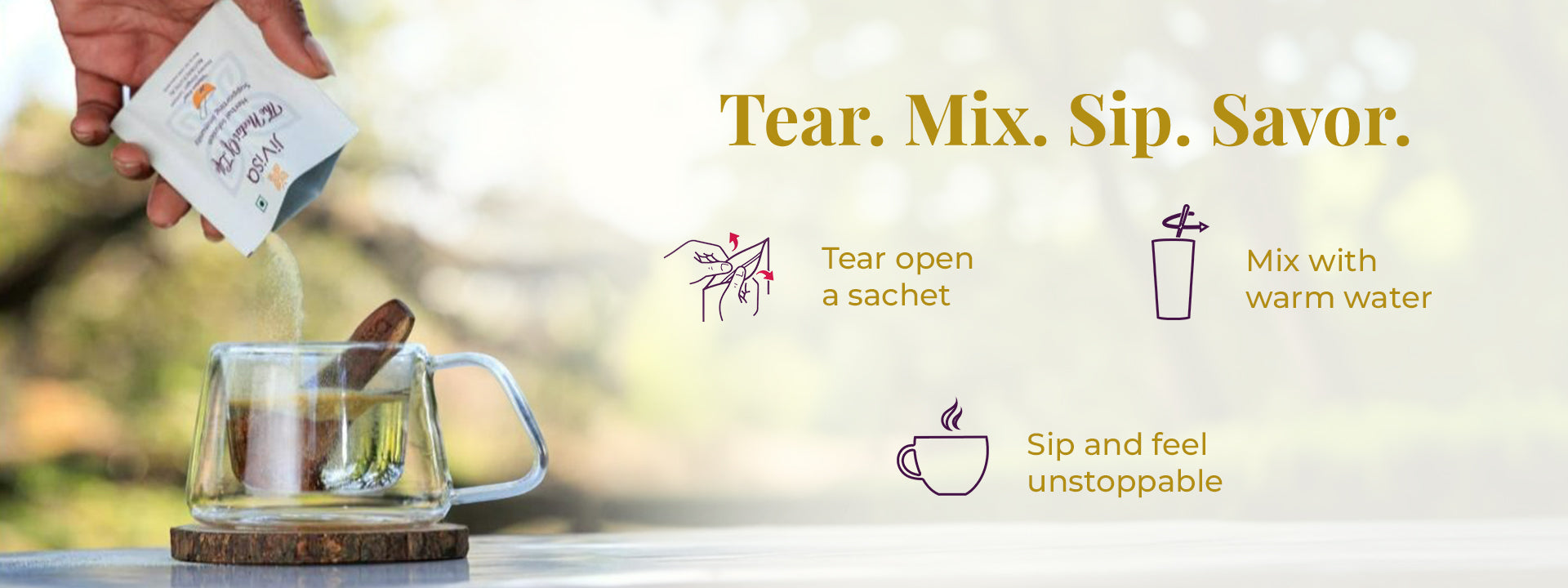 Sachet poured into cup showing tear mix and sip preparation steps for herbal infusion drink