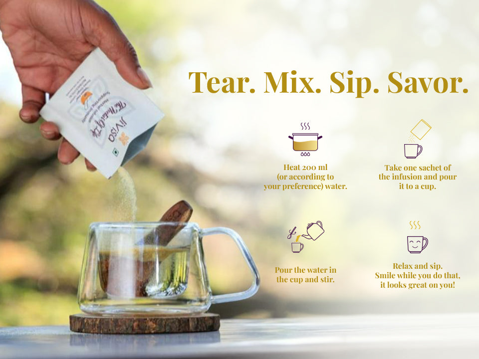 Sachet poured into cup showing tear mix and sip preparation steps for herbal infusion drink