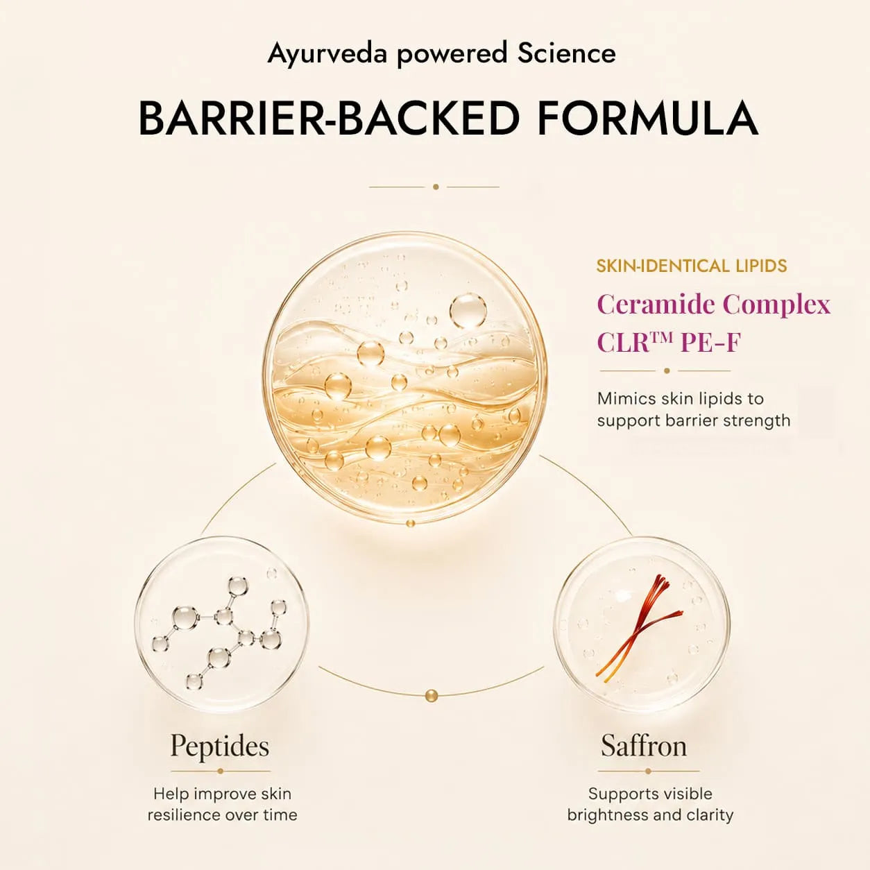 Kesara Illume barrier-backed formula with Ceramide Complex CLR PE-F, Peptides and Saffron for skin brightening.