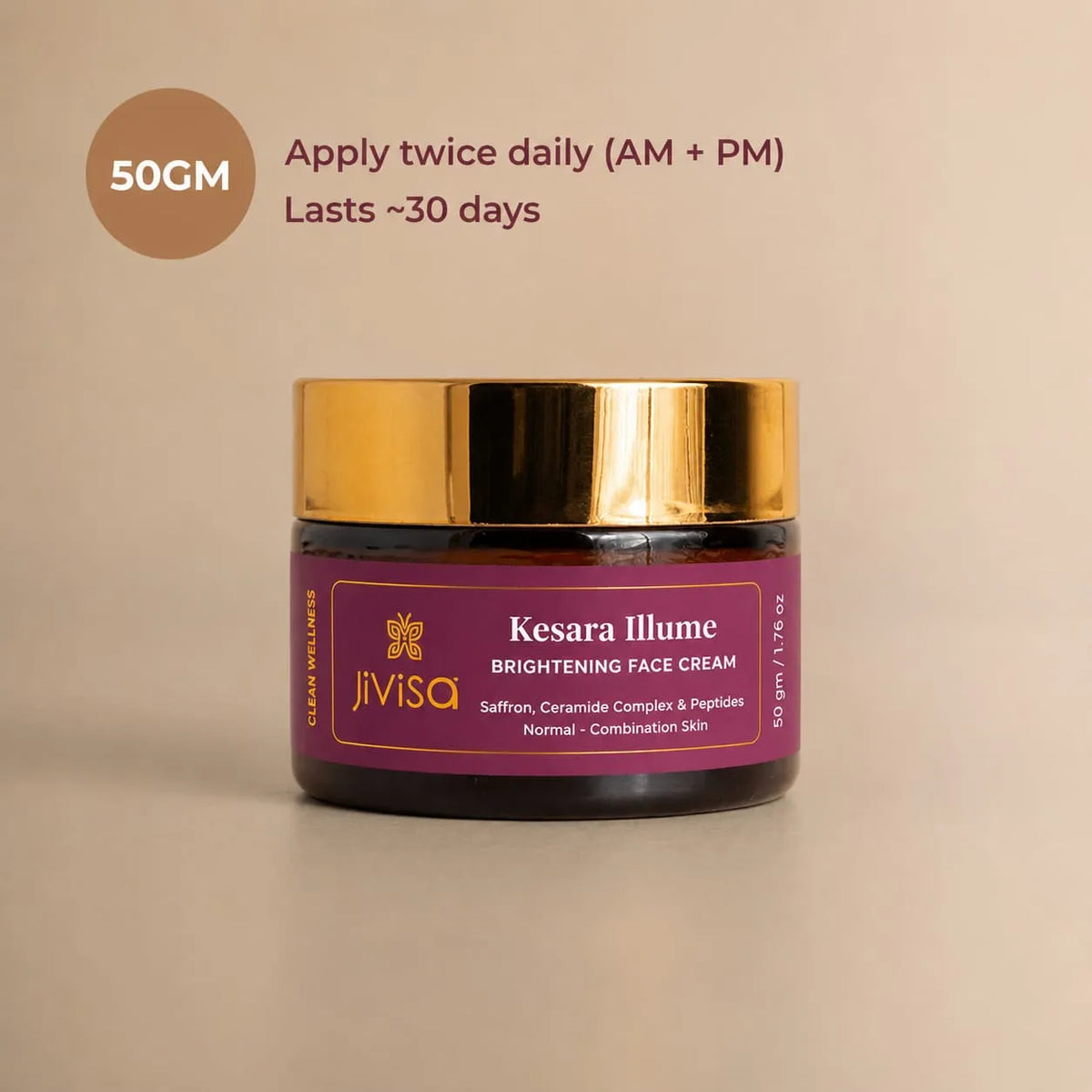 JiViSa Kesara Illume 50gm ceramide peptide brightening moisturiser – apply twice daily, lasts 30 days