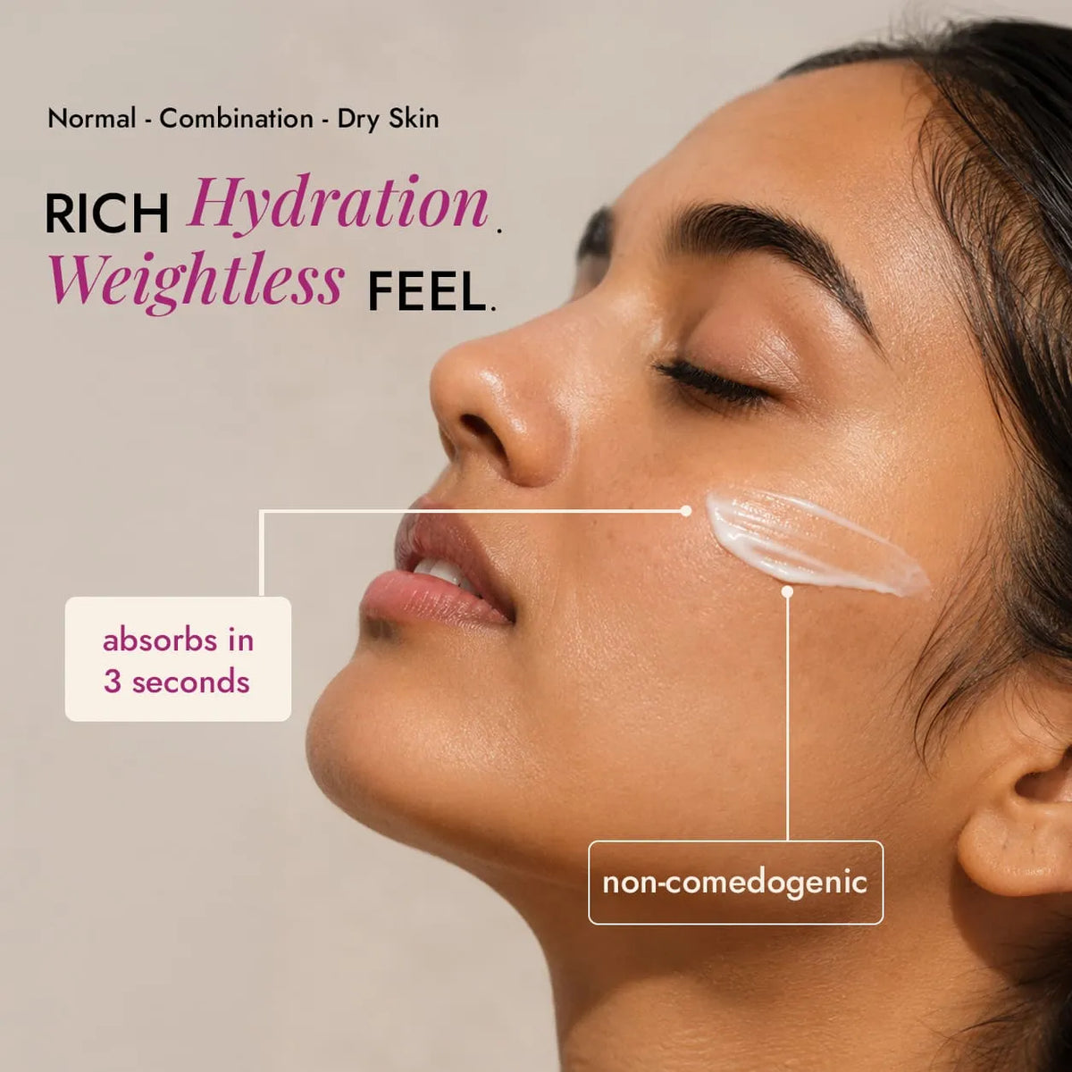 Kesara Illume lightweight, non-comedogenic face cream absorbing into skin in 3 seconds, rich hydration for normal, combination and dry skin
