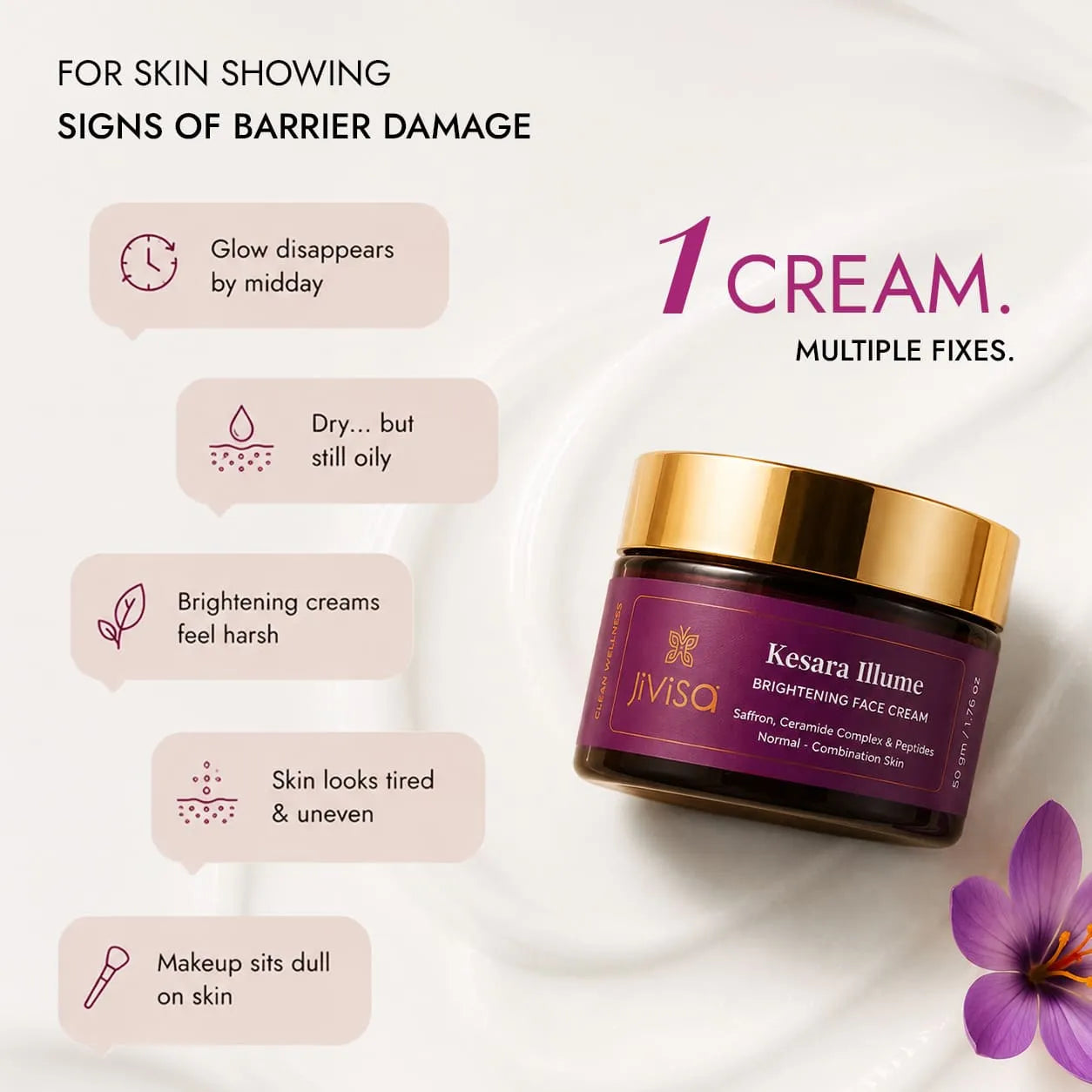 Kesara Illume brightening face cream for skin barrier damage – fixes dullness, dryness, uneven tone in one cream.