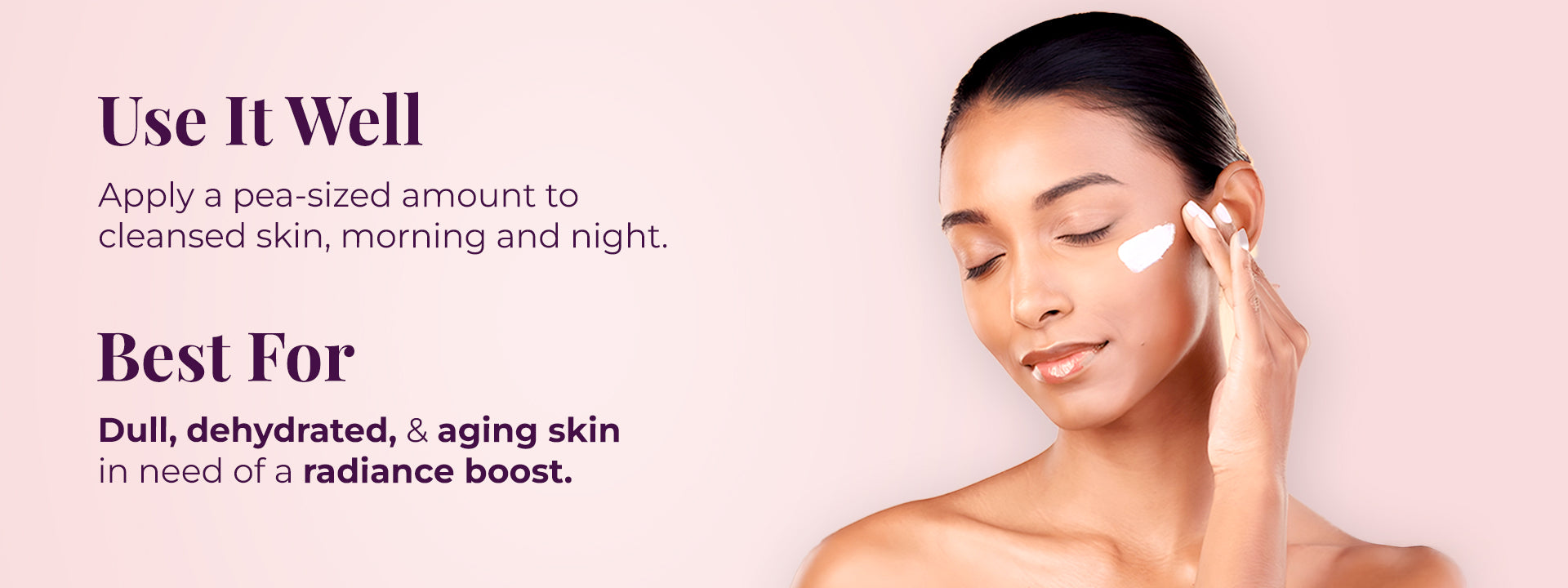 Image features a woman with her eyes closed applying JiViSa Kesara Illume Saffron Facial cream to her cheek. The text provides clear instructions and benefits: "Use It Well" advises Apply a pea-sized amount to cleansed skin, morning and night. Below this, "Best For" specifies the target audience and their needs: Dull, dehydrated, & aging skin in need of a radiance boost.