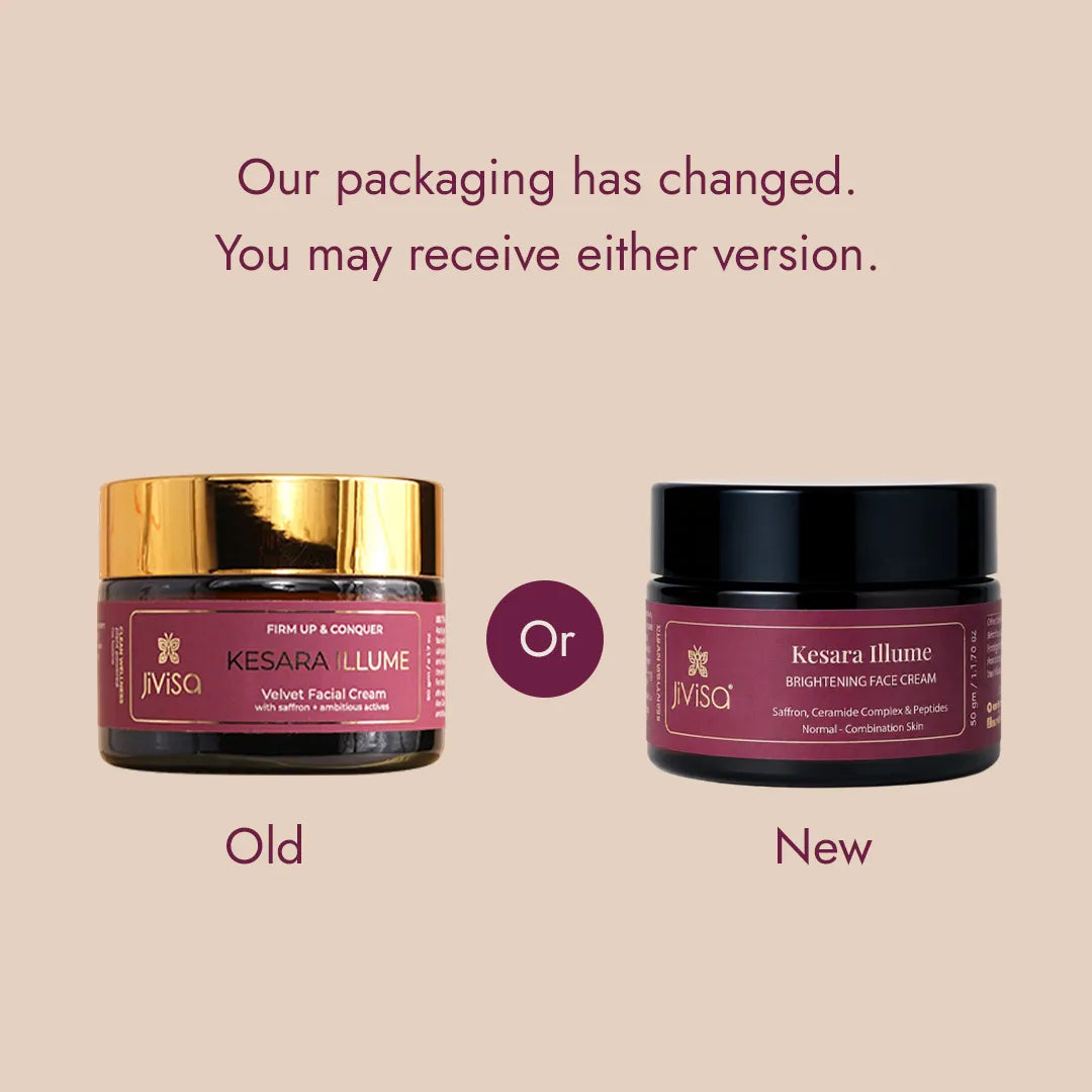 Kesara Illume Brightening Face Cream packaging update – old velvet facial cream jar vs new biomimetic brightening cream jar by JiViSa.