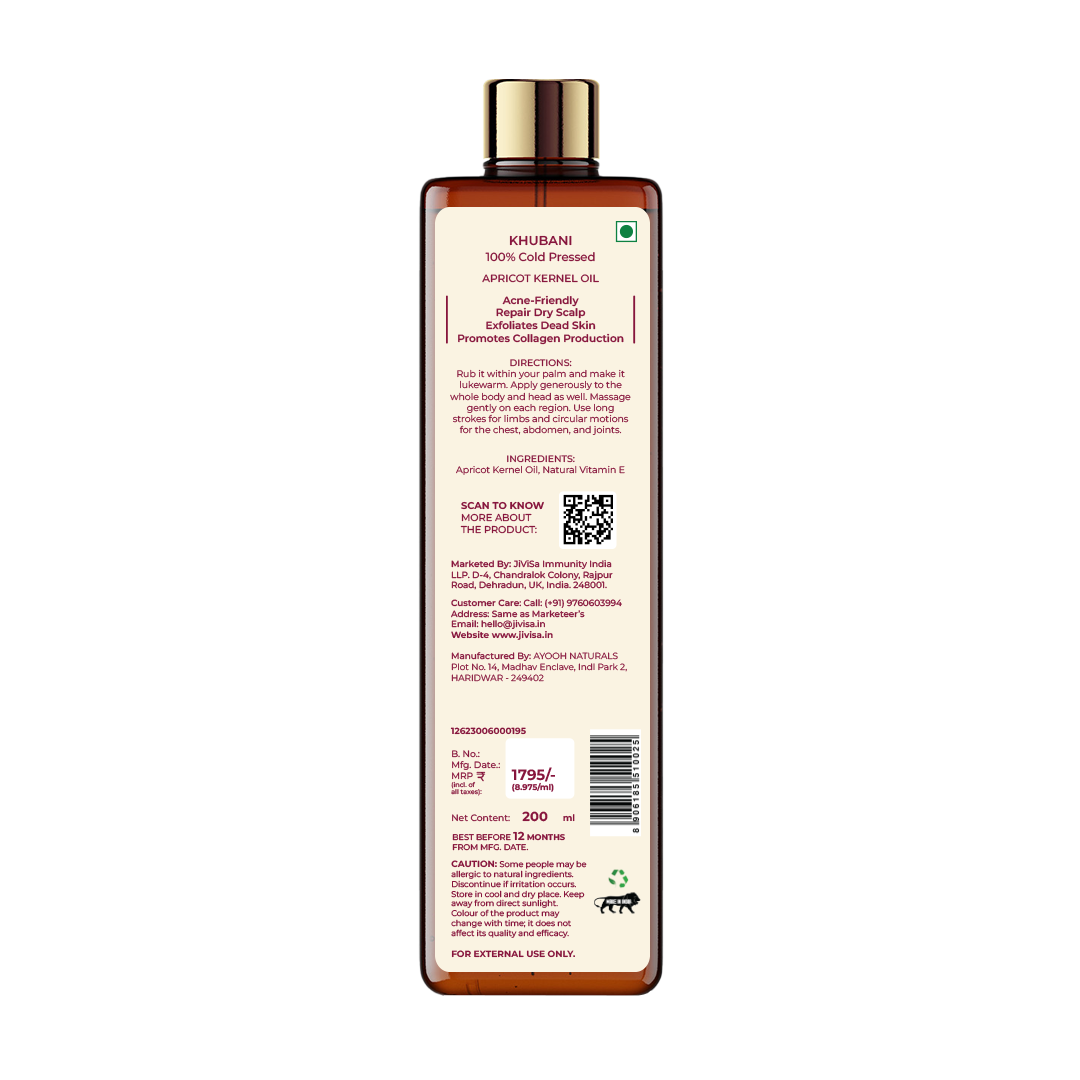Back image of JiViSa-Khubani 100% Cold Pressed Apricot Kernel Oil 200ml Bottle, MRP ₹1795
Acne-Friendly | Repair dry Scalp | Exfoliates dead Skin | Promotes Collagen Production  