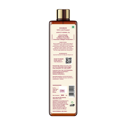 Back image of JiViSa-Khubani 100% Cold Pressed Apricot Kernel Oil 200ml Bottle, MRP ₹1795
Acne-Friendly | Repair dry Scalp | Exfoliates dead Skin | Promotes Collagen Production  