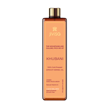 Front view of JiViSa’s Khubani 100% Cold Pressed Apricot Kernel Oil in a 200 ml bottle. The label reads, "The Mountains Are Calling; Pick Me Up" and indicates that the product is unisex and suitable for hair, face, and body. It is enriched with natural Vitamin E, plant-powered, and free from toxins.