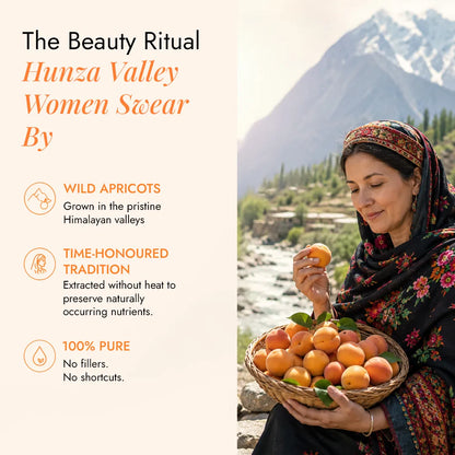Hunza Valley woman hand-picking wild Himalayan apricots for JiViSa Khubani, extracted without heat to preserve natural nutrients