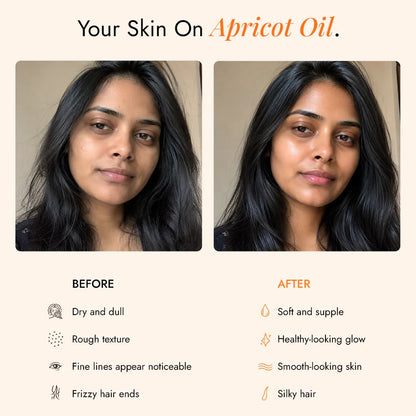 Before and after using JiViSa Khubani apricot oil - dry, dull skin and frizzy hair become soft, glowing, and smooth