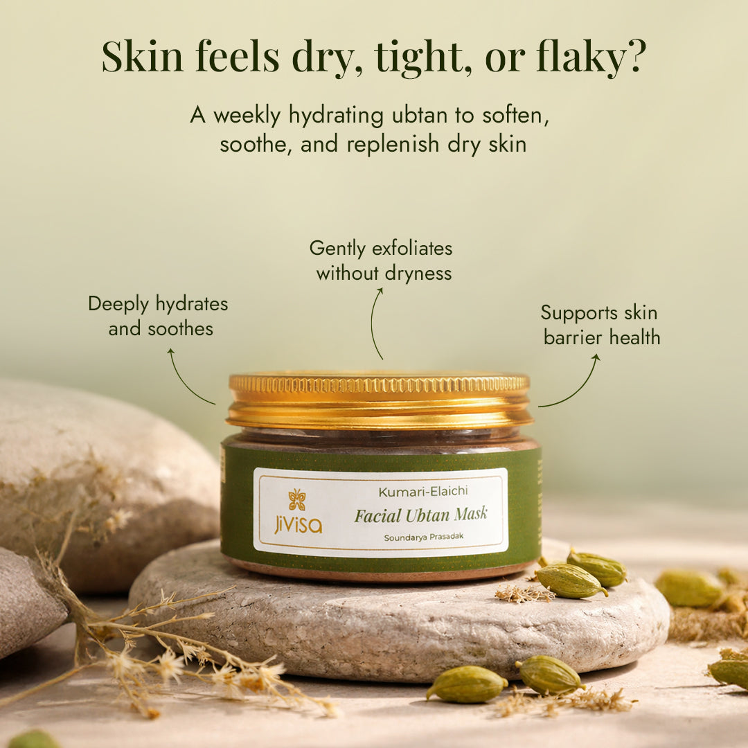 JiViSa Kumari Elaichi Facial Ubtan Mask deeply hydrates, gently exfoliates, and supports skin barrier health weekly