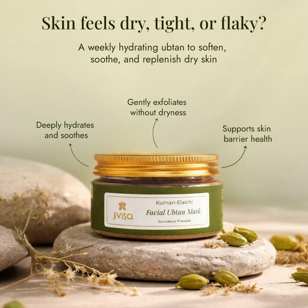 JiViSa Kumari Elaichi Facial Ubtan Mask deeply hydrates, gently exfoliates, and supports skin barrier health weekly