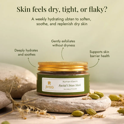 JiViSa Kumari Elaichi Facial Ubtan Mask deeply hydrates, gently exfoliates, and supports skin barrier health weekly