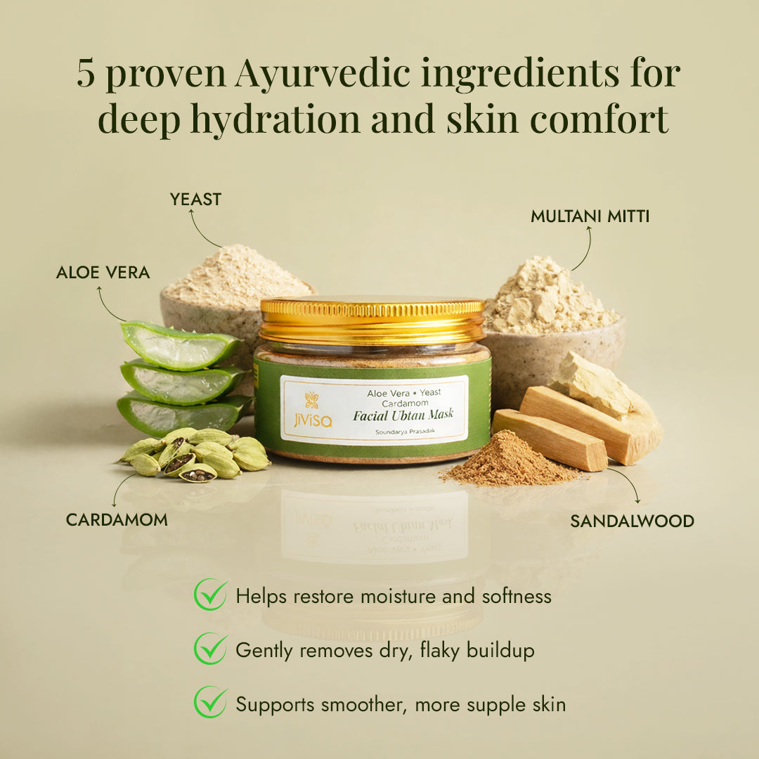 JiViSa Kumari Elaichi Ubtan ingredients: aloe vera, yeast, cardamom, multani mitti, and sandalwood for deep hydration and skin comfort