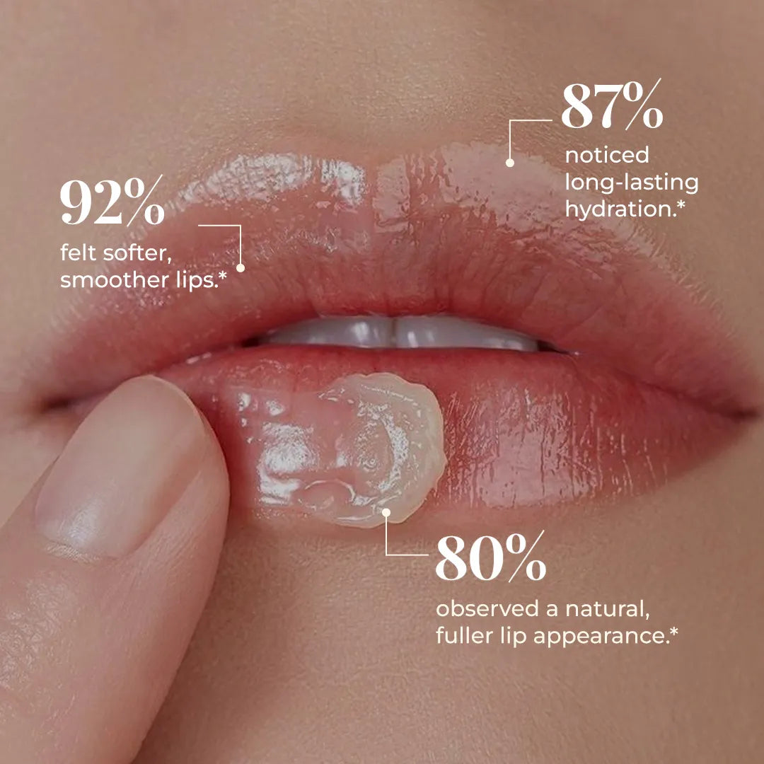 Close-up of lips with balm application and text showing smoother lips, long-lasting hydration, and fuller appearance.