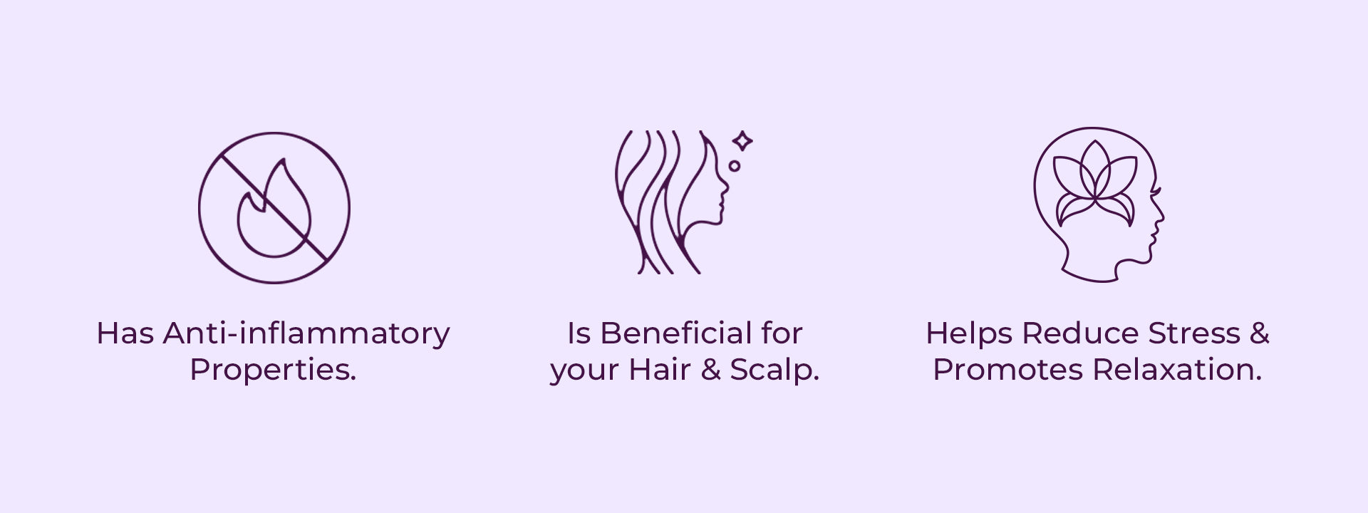 Icons with text showing anti-inflammatory properties, hair and scalp benefits, and stress relief.