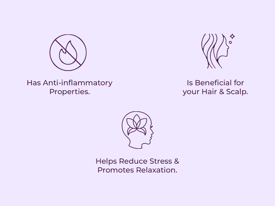 Icons with text showing anti-inflammatory properties, hair and scalp benefits, and stress relief.