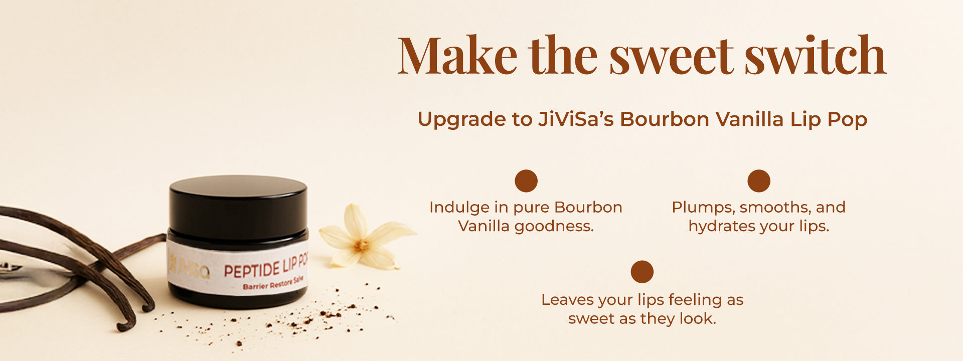 Peptide Lip Pop Bourbon Vanilla lip balm jar with vanilla pods and text about hydration, smoothing and softening lips.