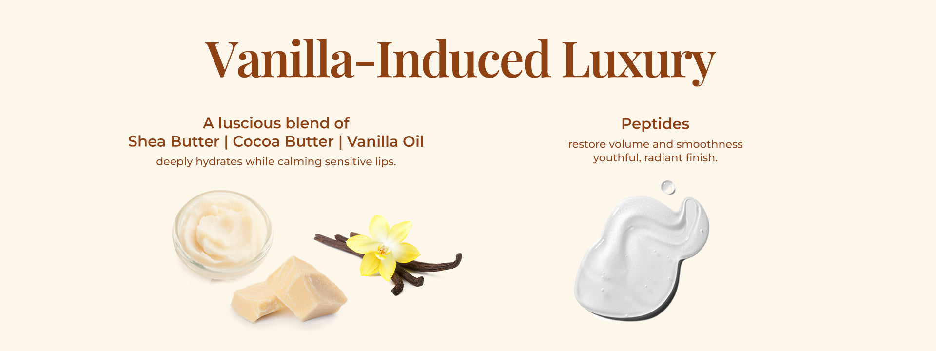 Ingredient layout showing shea butter, cocoa butter, vanilla oil and peptide gel used in Bourbon Vanilla Peptide Lip Pop lip balm.