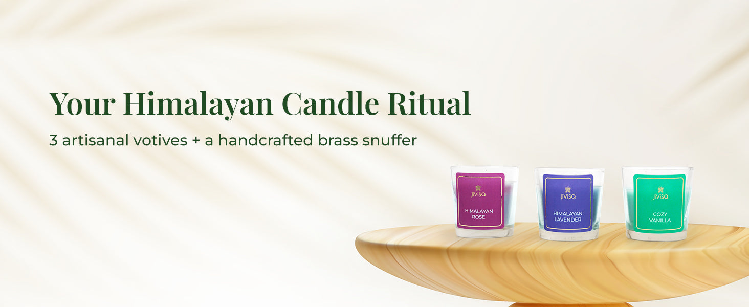 Three JiViSa artisanal votive candles — Himalayan Rose, Himalayan Lavender, and Cozy Vanilla — placed on a wooden table. On the left, the tagline reads ‘Your Himalayan Candle Ritual,’ with supporting text below: ‘3 artisanal votives + a handcrafted brass snuffer.’