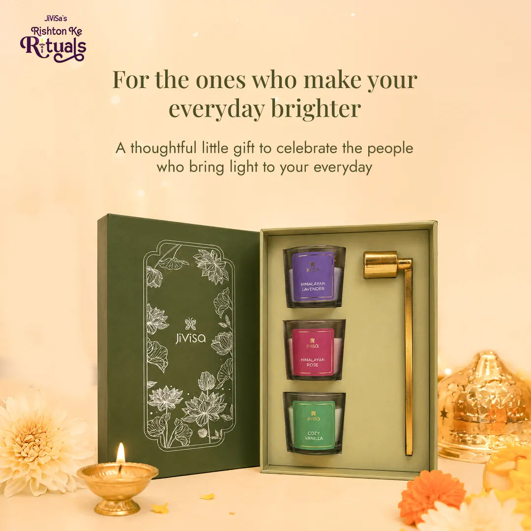 Lotus Light votive candle gift set for the one who make your everyday brighter, with three votive candles, brass snuffer and a lit brass diya