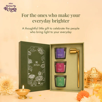 Lotus Light votive candle gift set for the one who make your everyday brighter, with three votive candles, brass snuffer and a lit brass diya