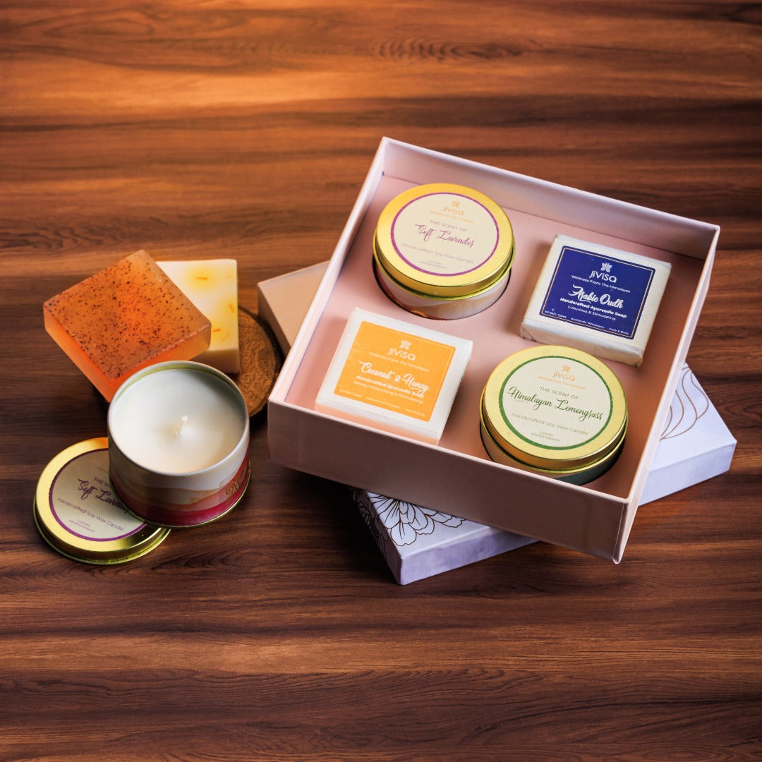 Luxury Ayurvedic Handmade Soaps and Soy Wax Candles Gift Box JiViSa