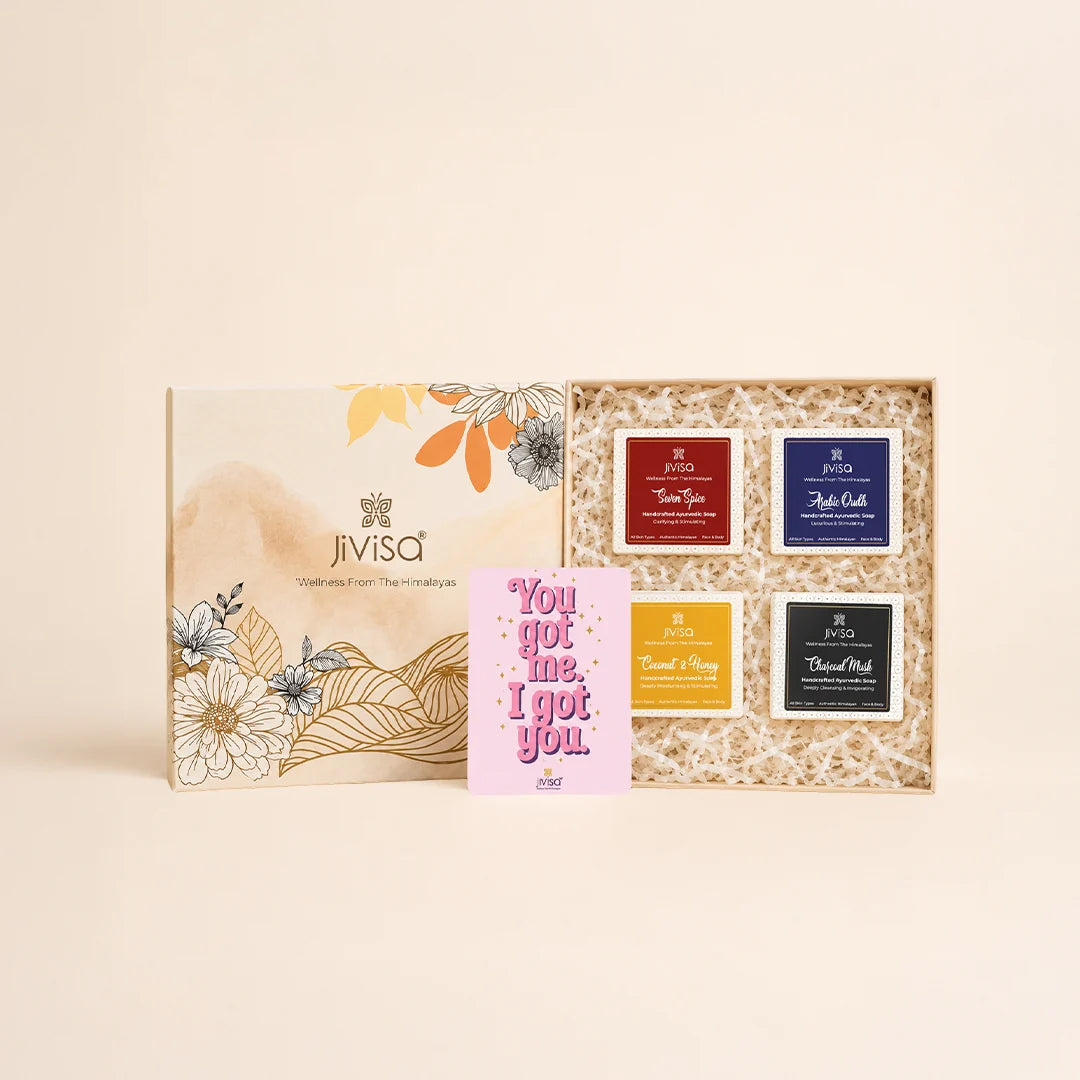 Luxury JiViSa handmade soap gift box with four Ayurvedic soaps and a “You got me, I got you” greeting card.