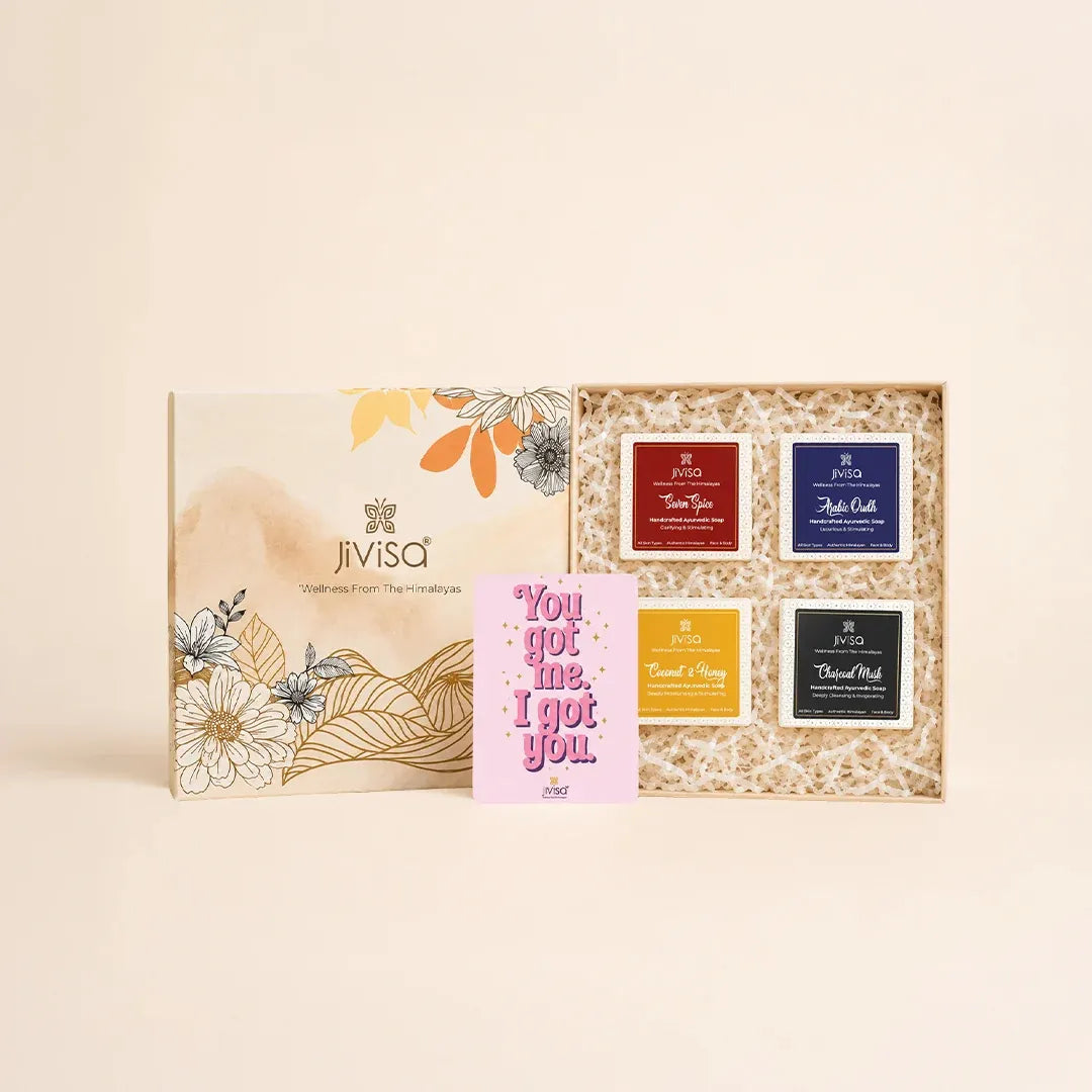Luxury JiViSa handmade soap gift box with four Ayurvedic soaps and a “You got me, I got you” greeting card.