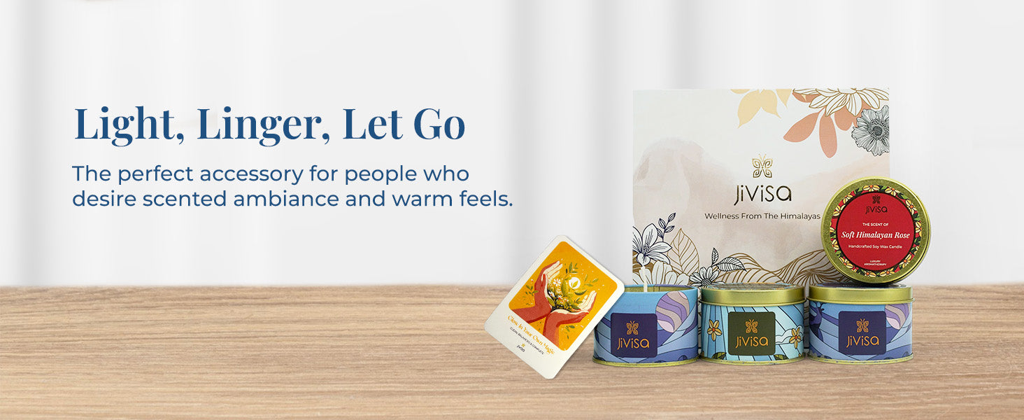JiViSa Luxury Soy Wax Candle Gift Box with four soy wax candles—Soft Himalayan Rose, Royal Oudh, Soft Lavender, and Himalayan Lemongrass—beautifully styled arranged with floral print gift box and affirmation card. Tagline on the left reads: “Light, Linger, Let Go”, followed by subtext: 'The perfect accessory for people who desire scented ambiance and warm feels.'