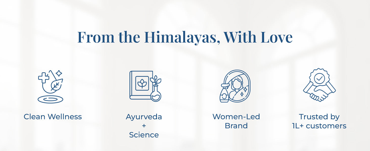 Heading on the image reads: "From the Himalayas, With Love".  Four iconic illustrations with text support each value – a leaf and cross for wellness represent Clean Wellness, a book and flask for Ayurveda & science labeled Ayurveda + Science, a woman icon for Women-Led Brand, and a handshake with a badge for Trusted by 1L+ customers.