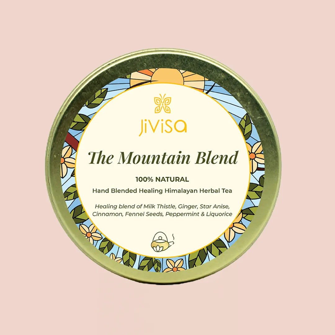 Mountain Blend 25gm tin, 100% natural hand-blended Himalayan herbal tea with milk thistle, ginger, star anise and cinnamon