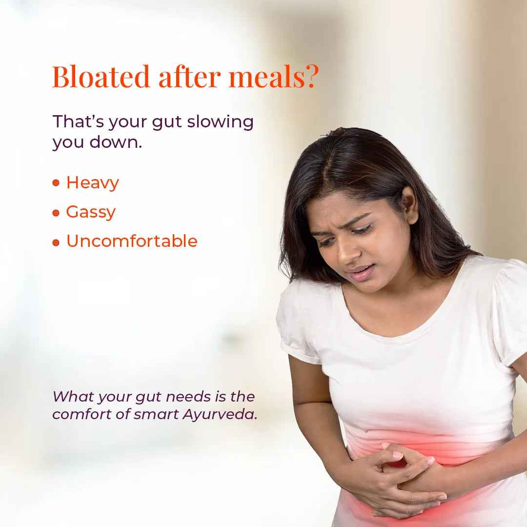 Woman experiencing bloating and indigestion after meals – Mountain Blend herbal tea offers gentle Ayurvedic gut relief