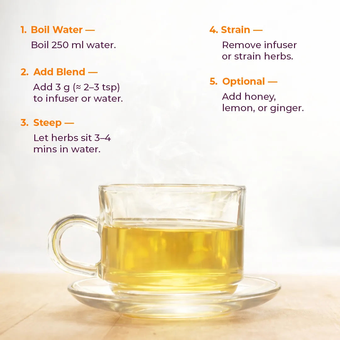 How to brew Mountain Blend gut health tea – boil water, steep 3-4 minutes, strain and enjoy for digestive relief