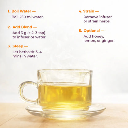 How to brew Mountain Blend gut health tea – boil water, steep 3-4 minutes, strain and enjoy for digestive relief
