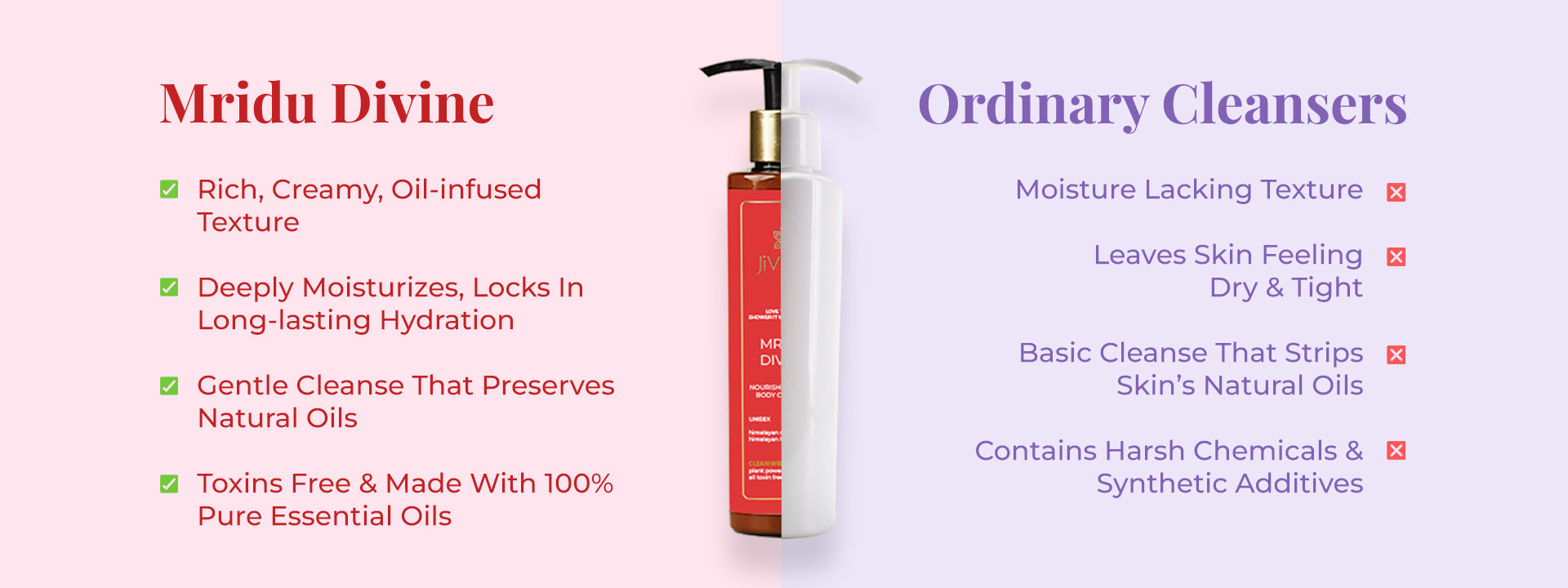 “JiViSa Mridu Divine Body Cleanser: Rich, Creamy, Oil-infused Texture. Deeply Moisturizes, Locks In Long-lasting Hydration. Gentle Cleanse That Preserves Natural Oils. Toxins Free & Made With 100% Pure Essential Oils. V/S Ordinary Body Cleansers: Moisture Lacking Texture. Leaves Skin Feeling Dry & Tight. Basic Cleanse That Strips Skin’s Natural Oils. Contains Harsh Chemicals & Synthetic Additives.
