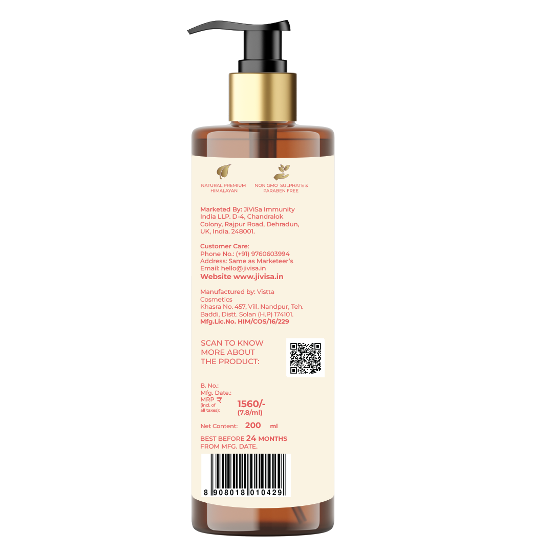 Back view of JiViSa Mridu Glaze Buttery Body Milk bottle displaying product details and ingredients. The label is red with text highlighting the product is sulphate and paraben-free, non-GMO, and made from natural premium Himalayan ingredients.