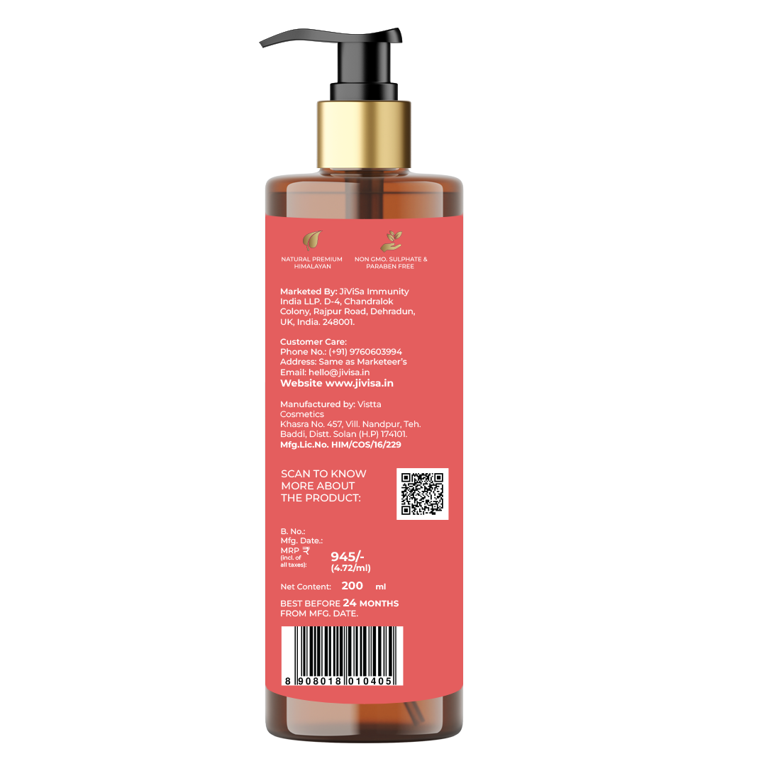 Back view of JiViSa's Mridu Divine Nourishing Cream Body Cleanser, 200ml bottle, showing detailed product information including manufacturer and marketer details, customer care information, pricing, manufacturing date, and a QR code for more product details.