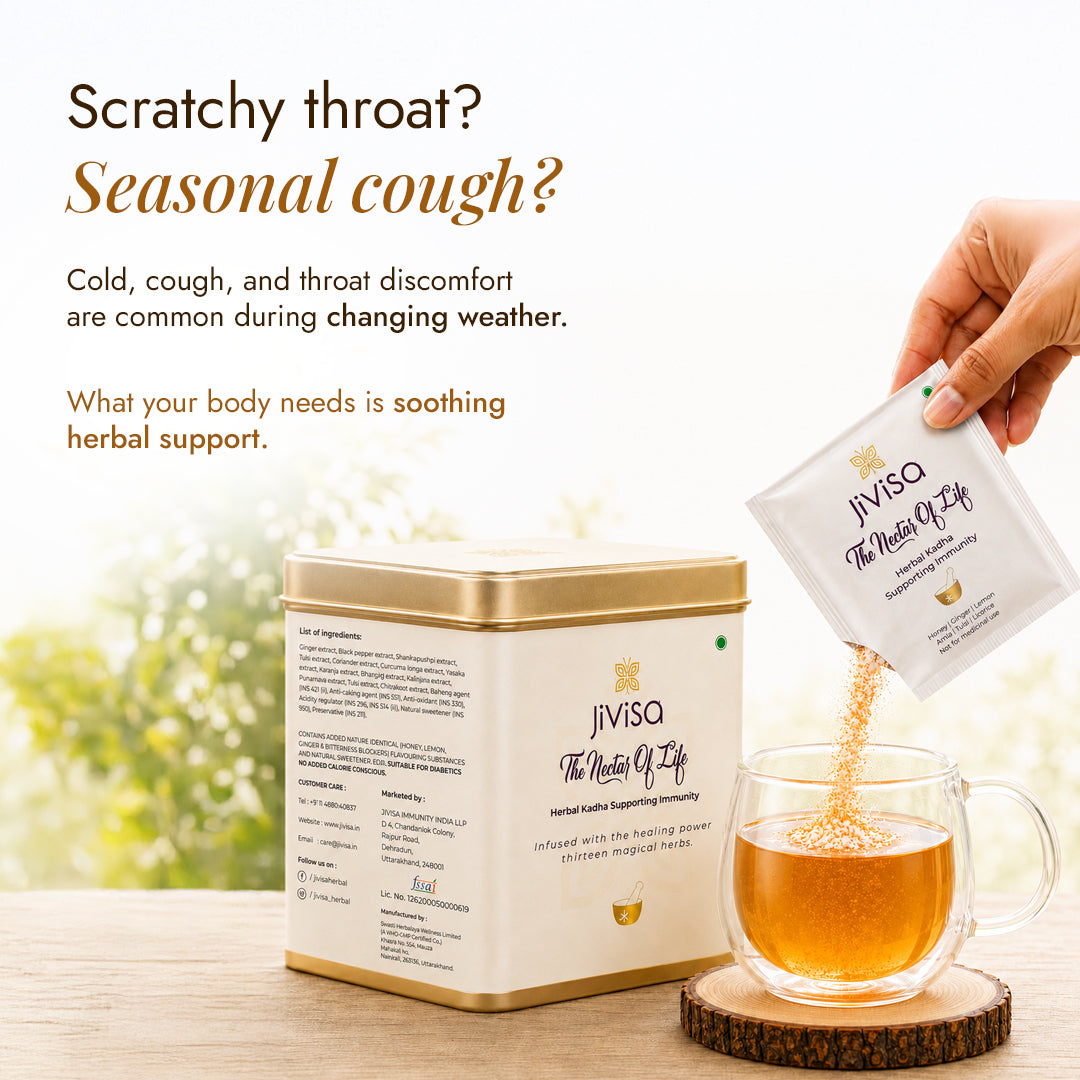 JiViSa Nectar of Life herbal kadha sachet poured into a mug, soothing herbal support for scratchy throat and seasonal cough