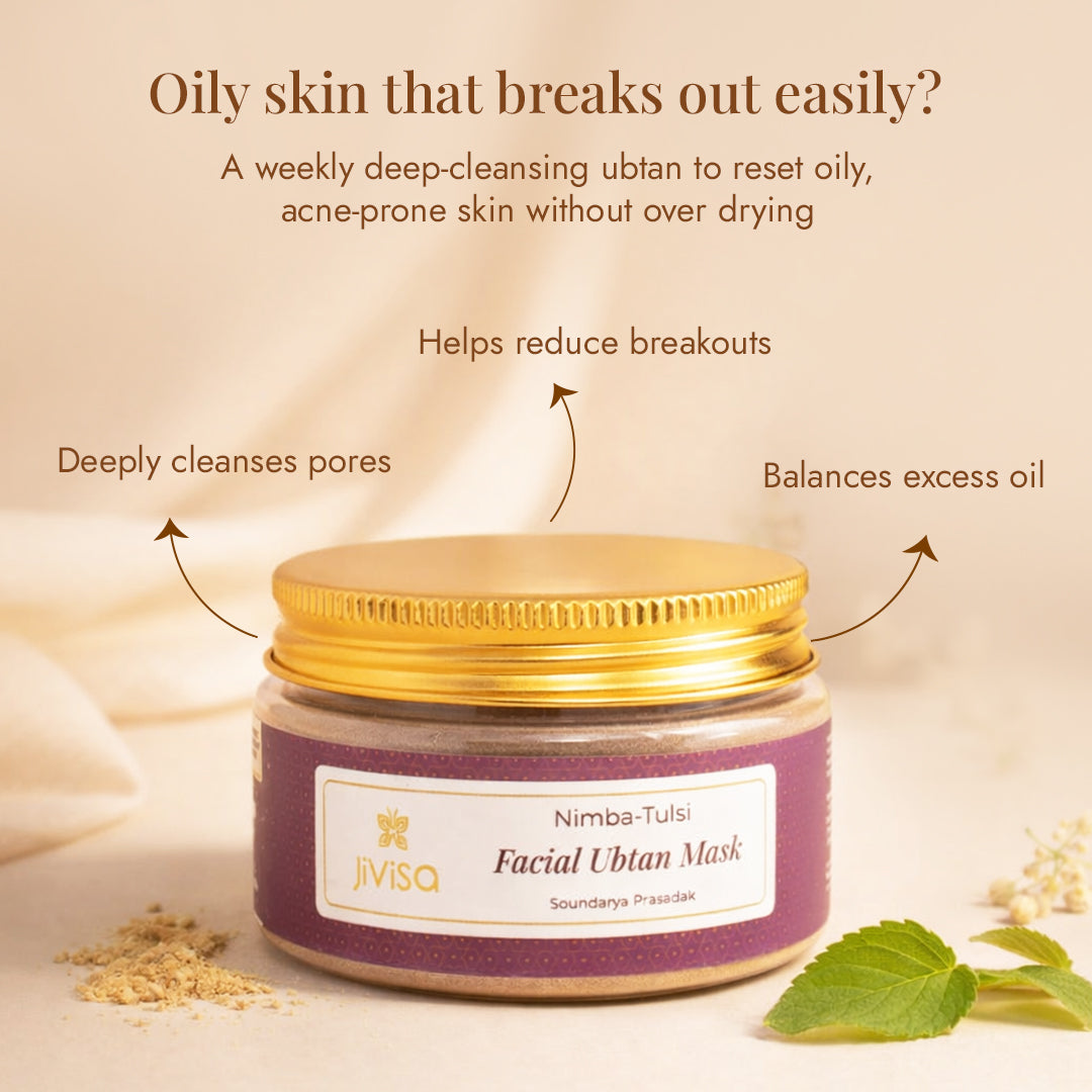 JiViSa Nimba Tulsi Facial Ubtan Mask deeply cleanses pores, reduces breakouts, and balances excess oil weekly