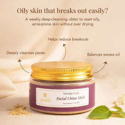 JiViSa Nimba Tulsi Facial Ubtan Mask deeply cleanses pores, reduces breakouts, and balances excess oil weekly