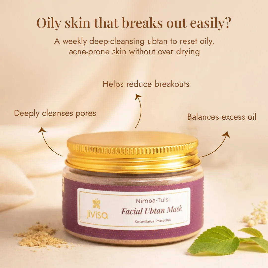 JiViSa Nimba Tulsi Facial Ubtan Mask deeply cleanses pores, reduces breakouts, and balances excess oil weekly