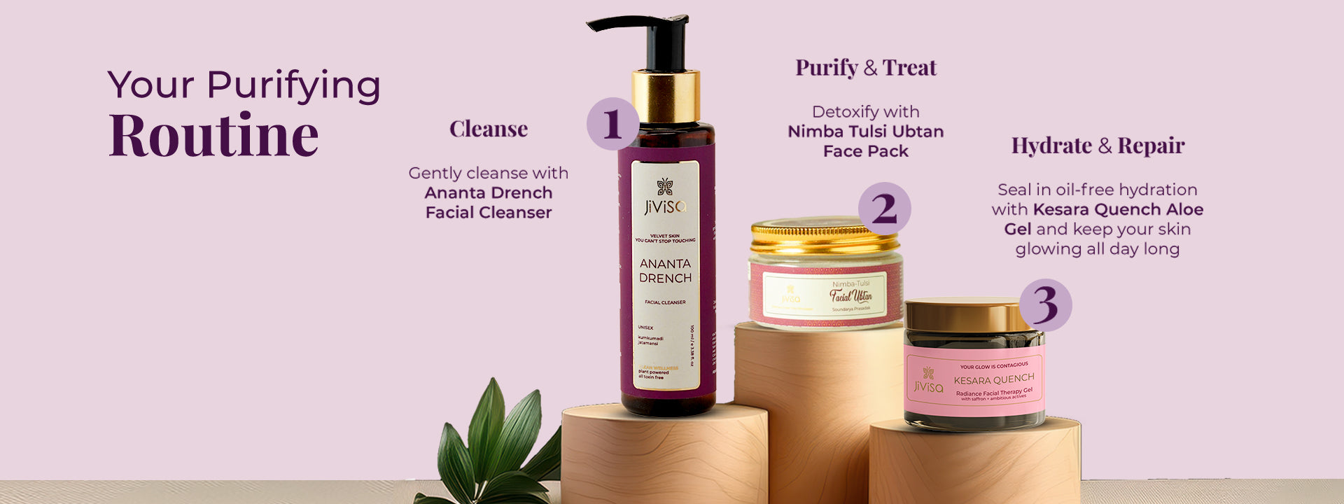 Three-step purifying skincare routine showing facial cleanser, Nimba Tulsi Ubtan face pack, and Kesara Quench Aloe Gel.