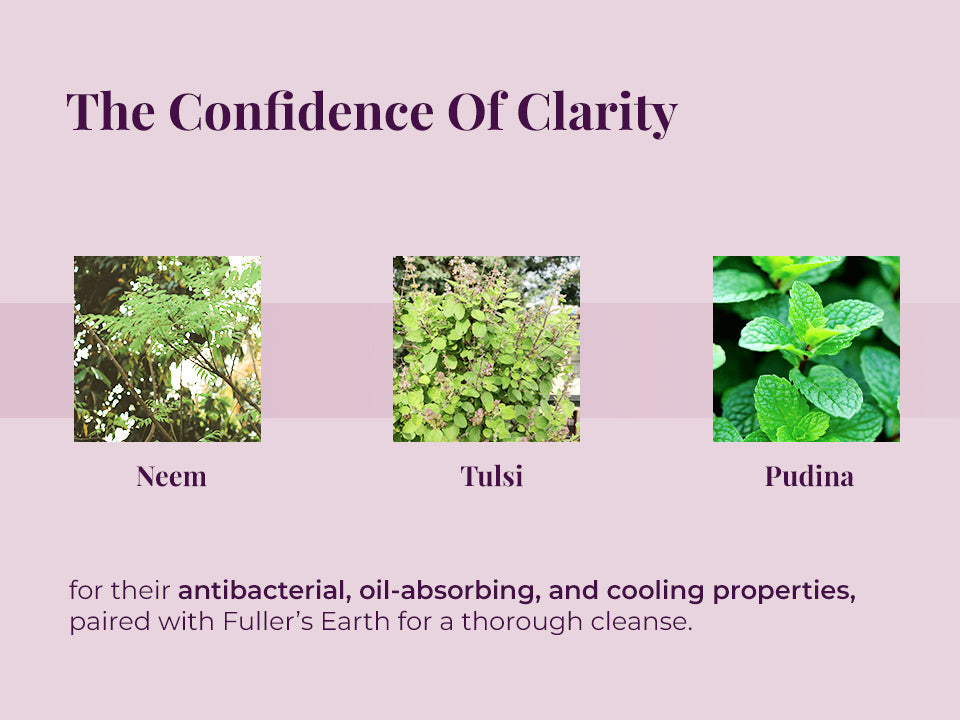 Neem, Tulsi, and mint leaves shown with text about antibacterial, oil-absorbing, and cooling properties.
