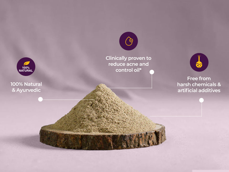 Powdered Nimba Tulsi ubtan mound with icons stating 100% natural and ayurvedic, clinically proven to reduce acne and control oil, and free from harsh chemicals.